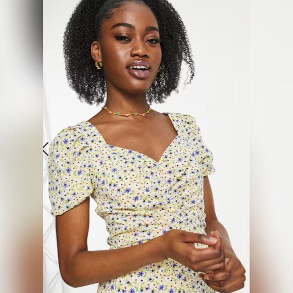 Urban Revivo Ruched Yellow Floral Midi Dress - Picture 4 of 5